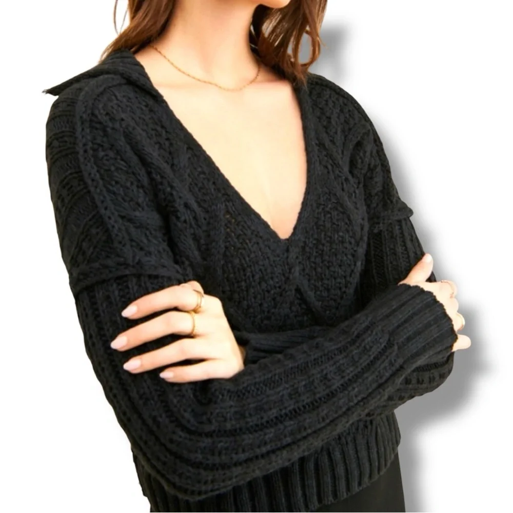 Free People Black/Navy V-Neck Cable Knit Cropped Long Sleeve Sweater With Collar - Picture 3 of 16